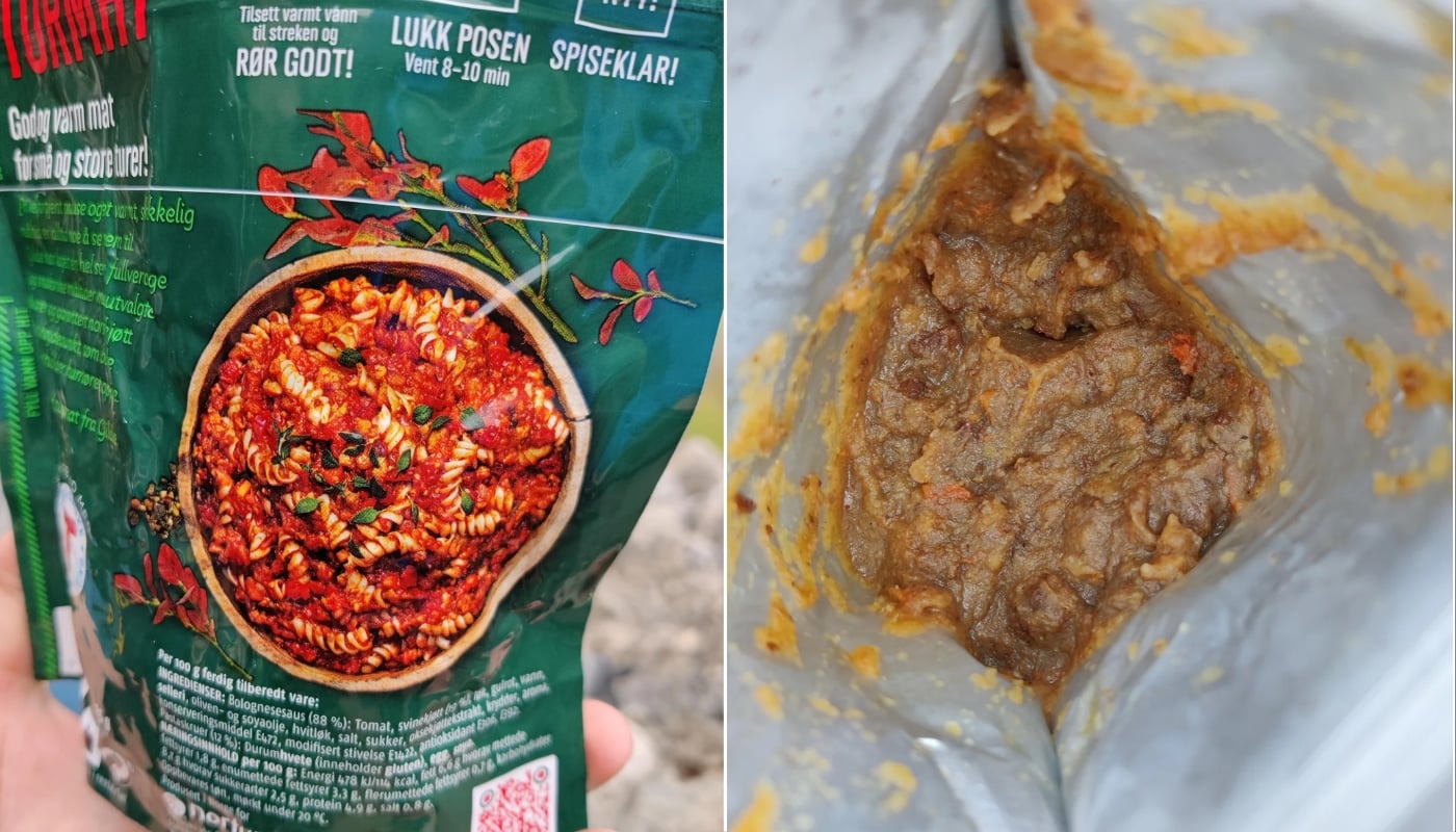 Split image: Left side shows packaged food with an image of a spicy rice dish and text in Norwegian. Right side shows the opened package and its contents, a brownish chunky paste inside a silver pouch.