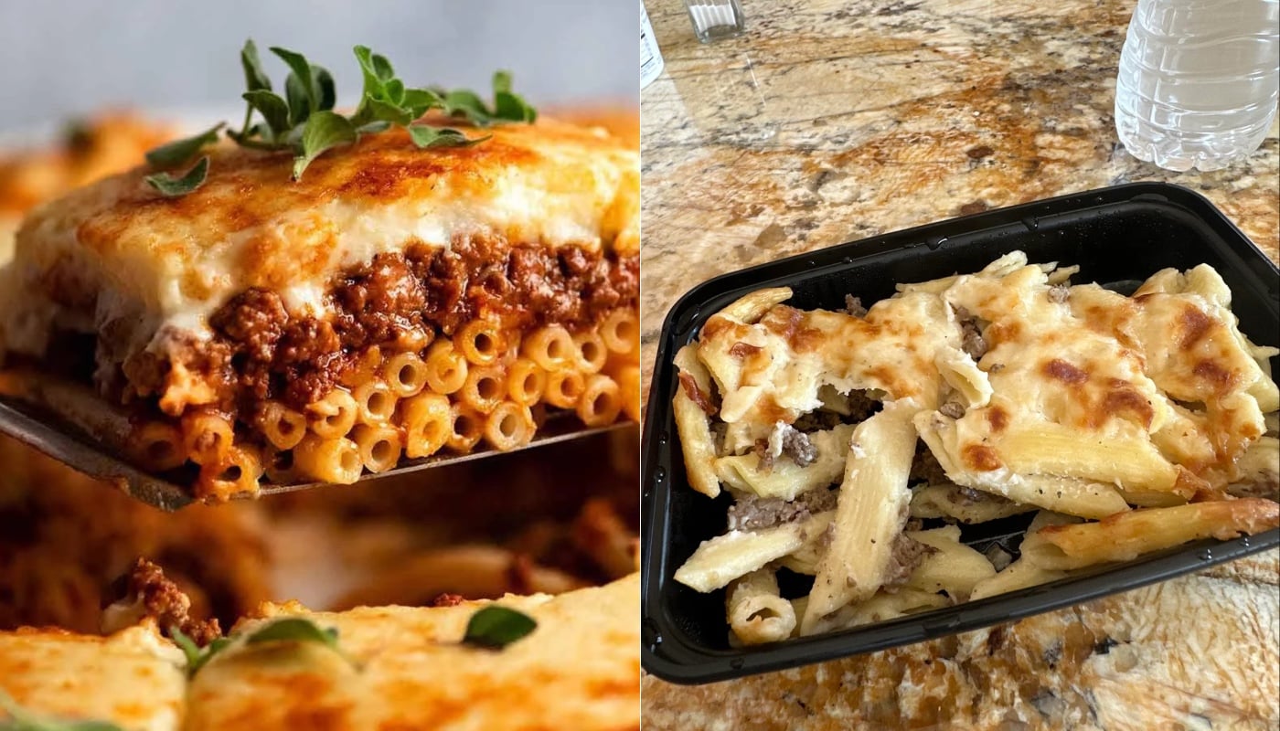 Left: A slice of baked pasta with ground meat and cheese, garnished with herbs. Right: A takeout container with penne pasta in a creamy sauce, mixed with meat. Both dishes are on brown surfaces.