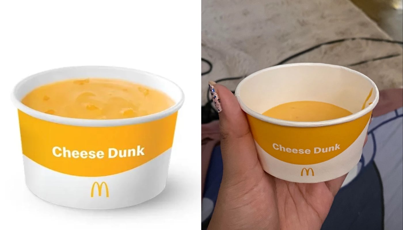 Split image: Left side shows a McDonald’s “Cheese Dunk” container filled with cheese sauce; right side shows a hand holding a similar but less full “Cheese Dunk” cup in a home setting.