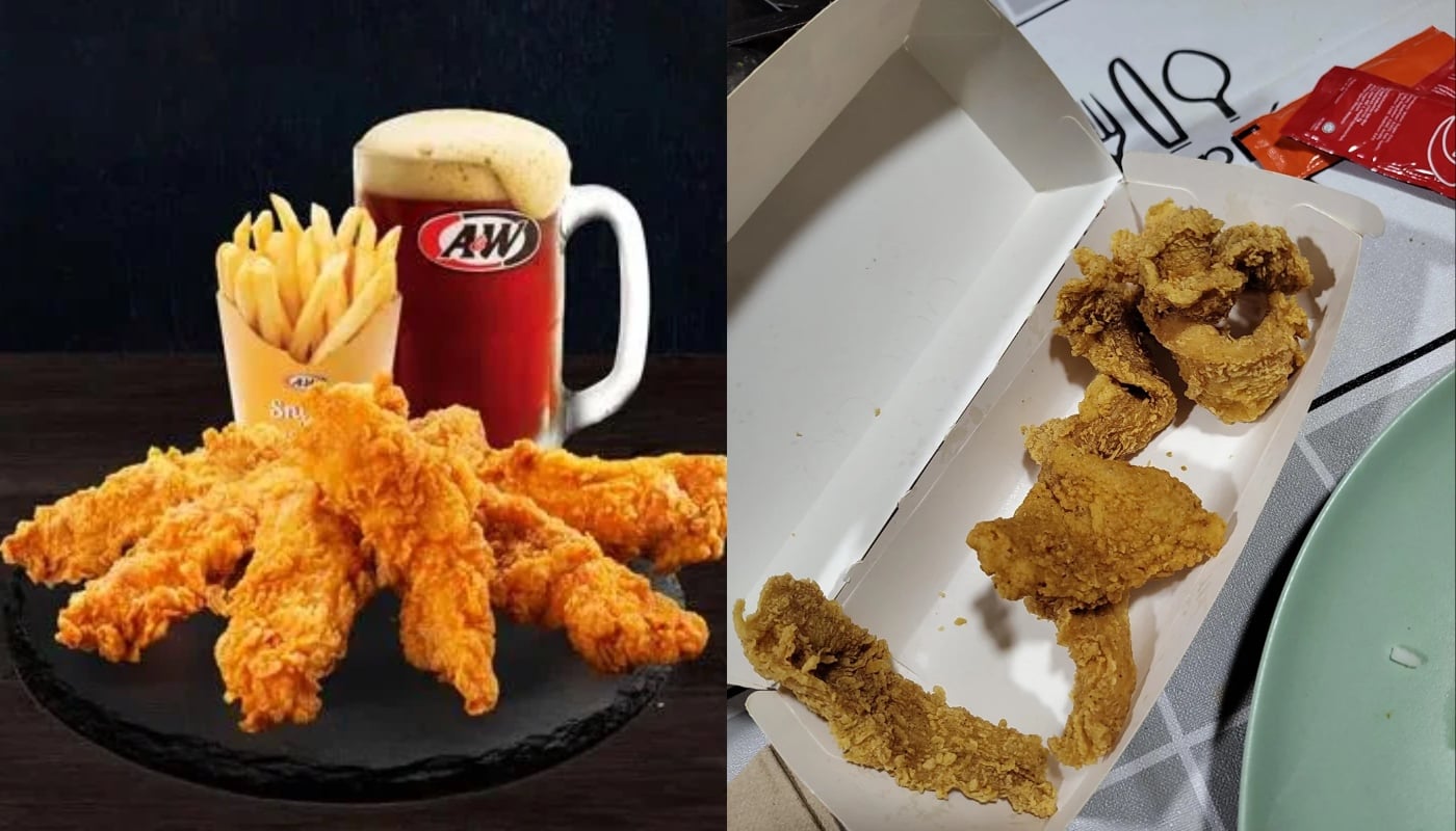 Left: A&W meal with crispy fried chicken, fries, and root beer. Right: Sparse pieces of fried chicken in a takeout box on a table.