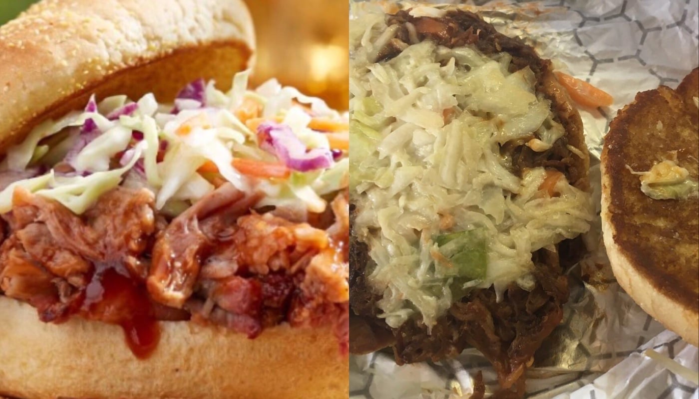 Side-by-side of two pulled pork sandwiches: the left one looks fresh with colorful slaw and sauce, while the right one appears less appetizing with soggy bread, pale slaw, and messy presentation.