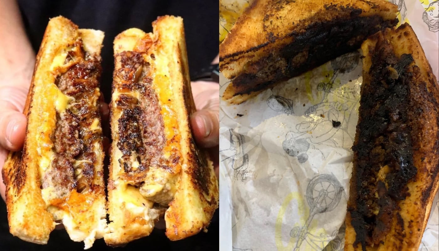 Two grilled cheese sandwiches: the left one is golden, melted, and appetizing; the right one is burnt, blackened, and unappealing, placed on top of sandwich paper with a cartoonish pattern.