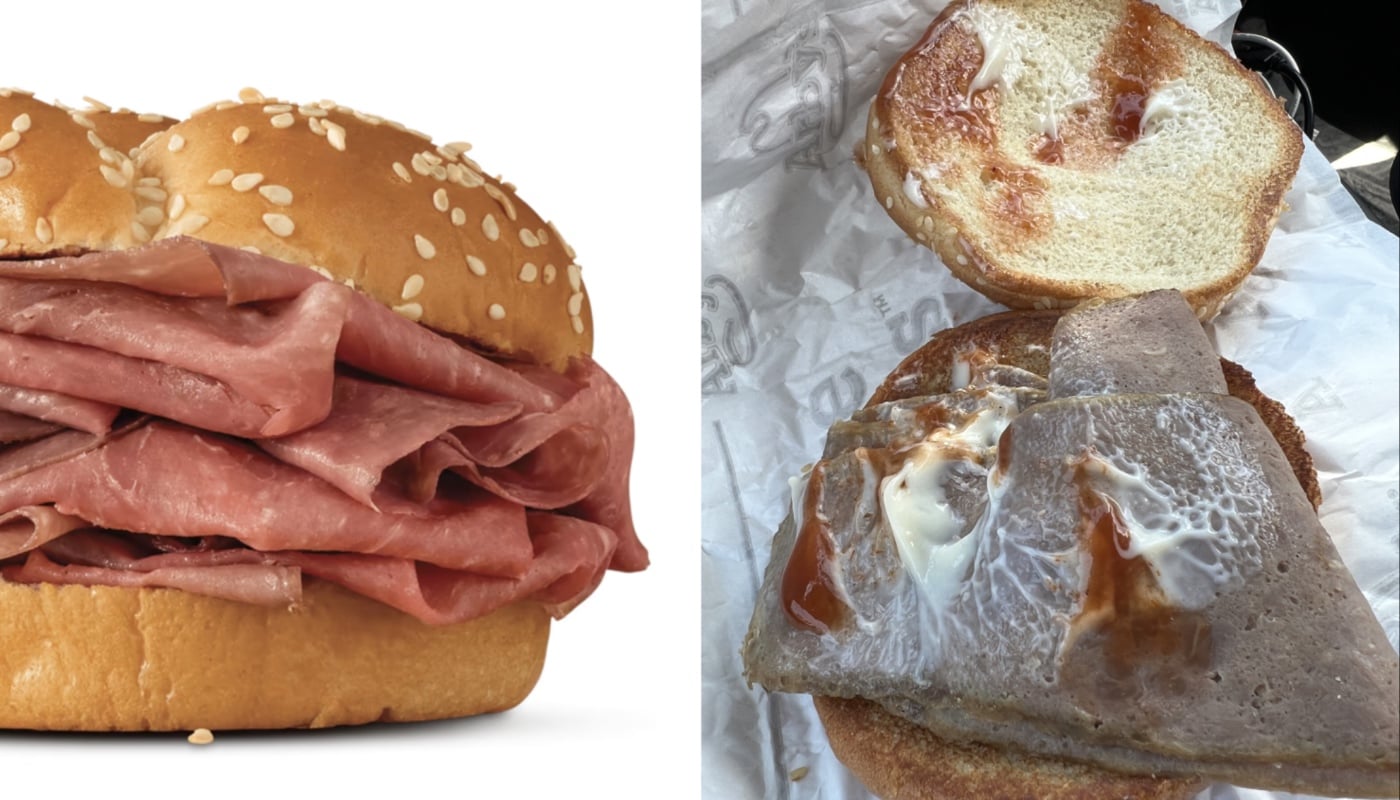 Left: A neatly stacked roast beef sandwich on a sesame seed bun. Right: An unappetizing sandwich with unevenly spread mayonnaise and sauce on limp roast beef and an open bun.