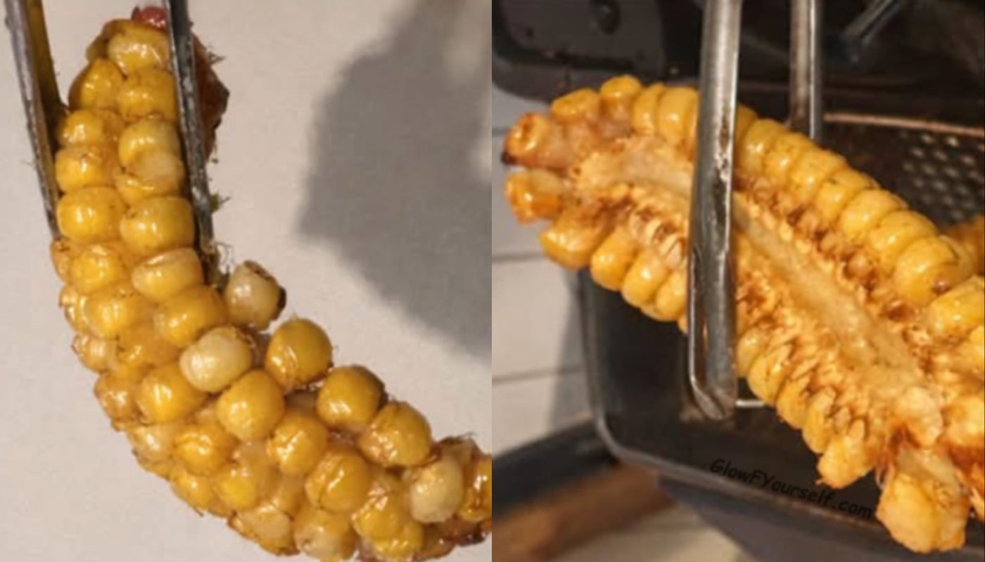 Two close-up images of grilled corn cobs held by metal tongs, showing the browned and caramelized kernels.