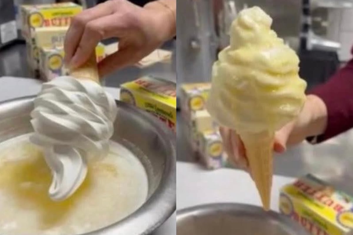 Two images side by side: left shows a perfect soft-serve ice cream cone being dipped into melted butter; right shows the cone with a glossier, melted-looking ice cream coating after dipping.