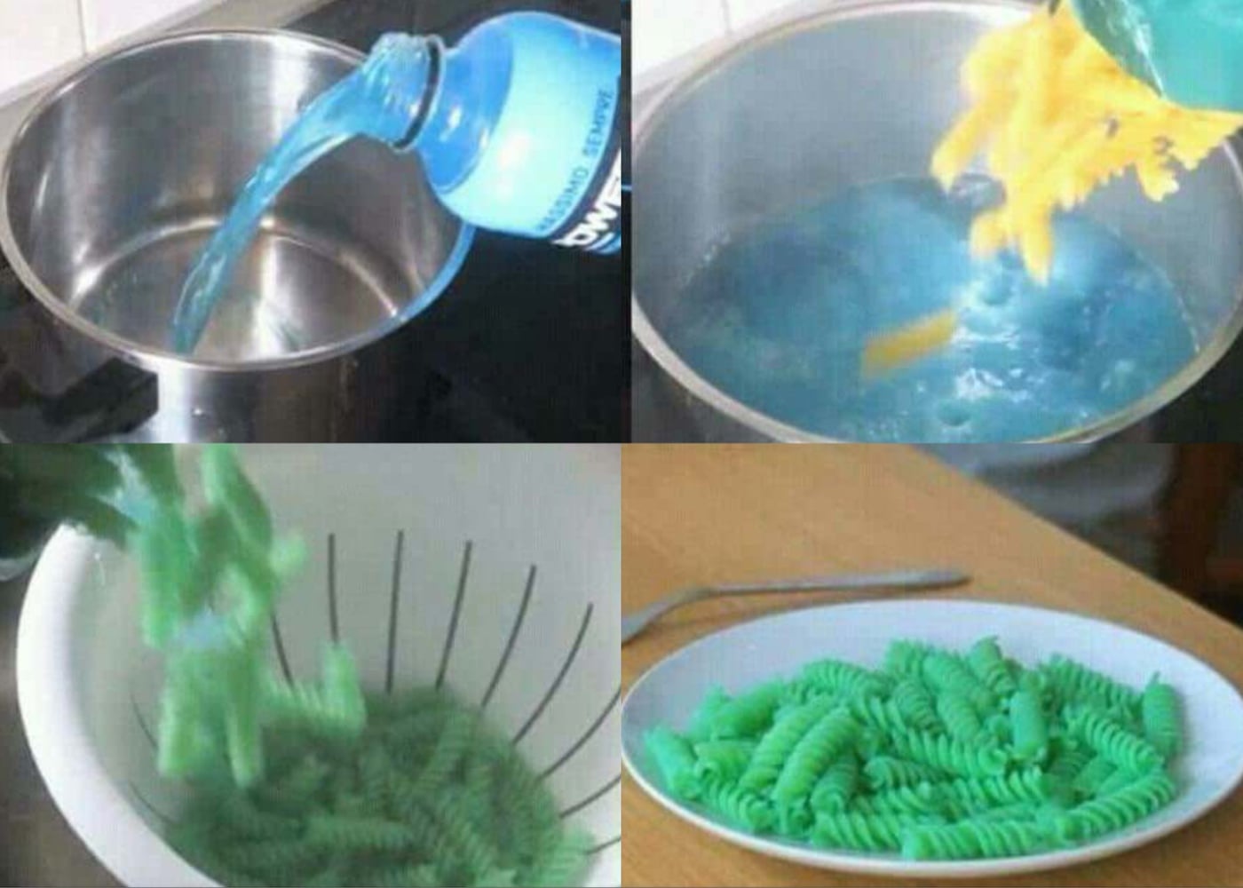 Four-panel image: Blue sports drink is poured in a pot, pasta is boiled in it, drained, and served on a plate, turning the pasta bright green.