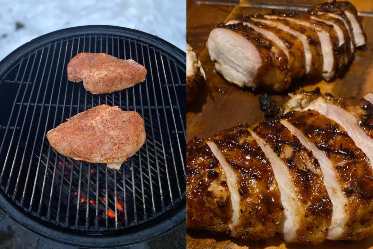 Raw, seasoned chicken breasts cooking on a grill are shown on the left; on the right, cooked, sliced, glazed chicken breasts are arranged on a wooden cutting board.