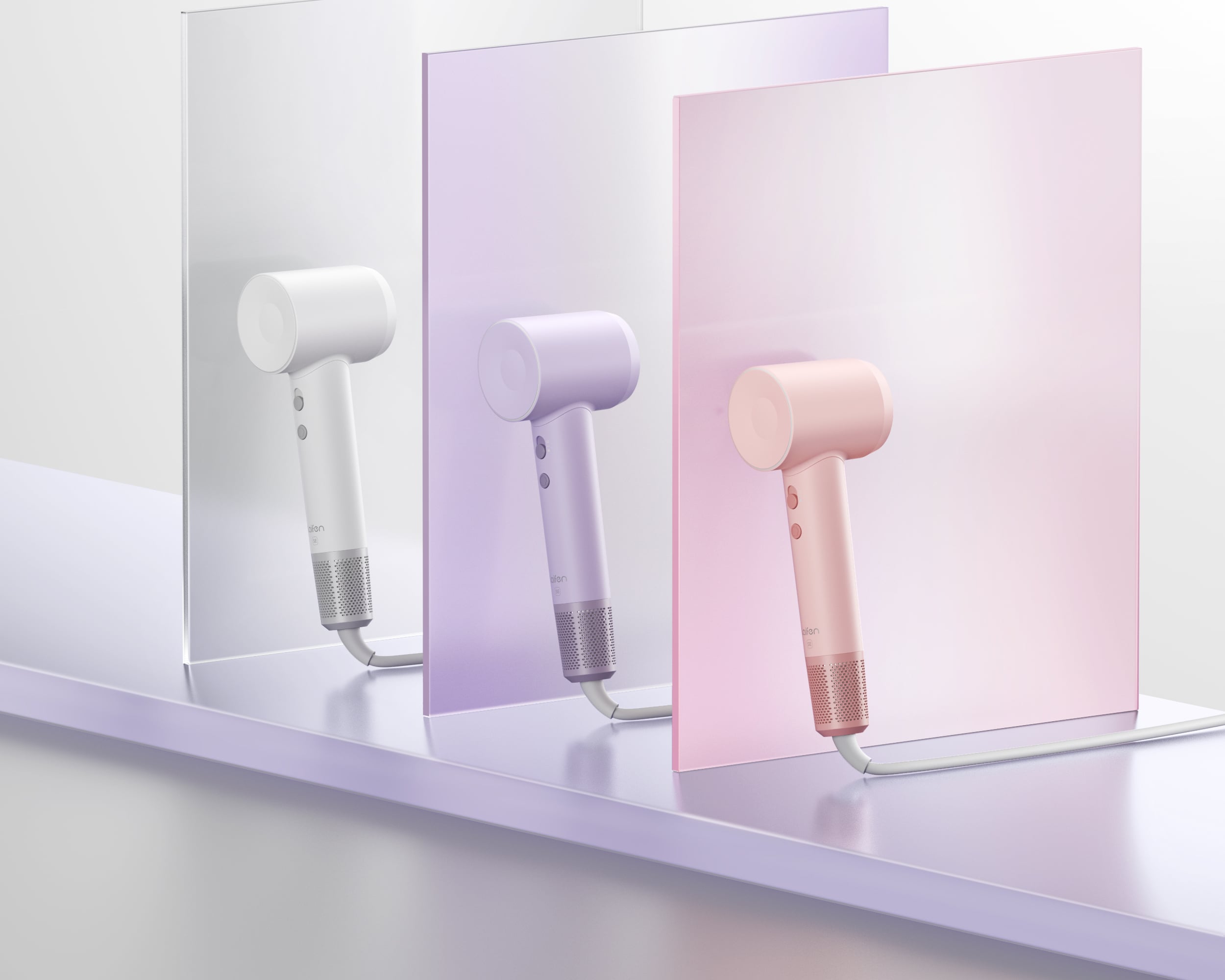 Three pastel-colored hair dryers—white, lavender, and pink—are displayed, each positioned in front of a matching translucent panel, creating a color-coordinated, minimalistic scene on a glossy surface. These stylish essentials are among the new Costco products 2026, redefining chic functionality for your daily routine.
