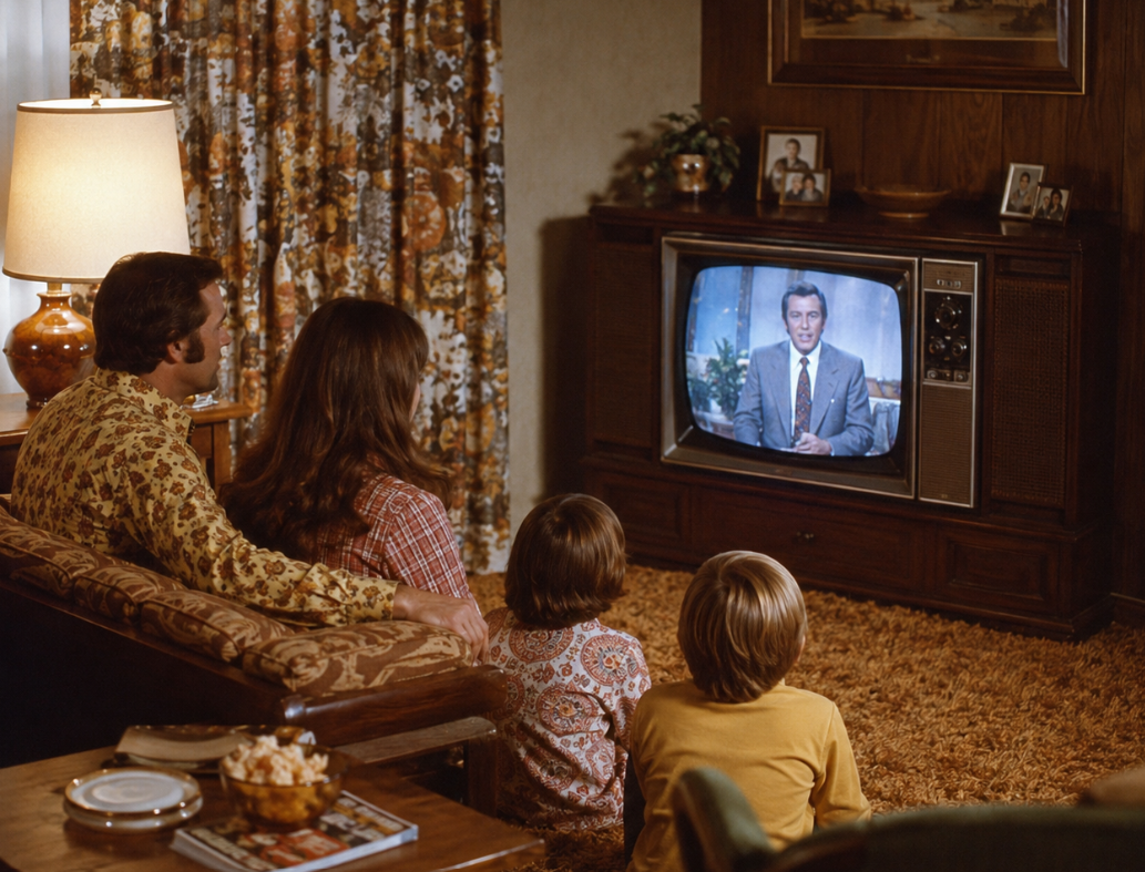 A family of four sits on a sofa in a living room watching a man in a suit on a vintage television, with patterned curtains and a lamp in the background—capturing the nostalgic atmosphere familiar to those who grew up in the 70s.