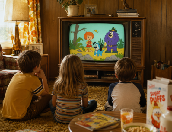 Three children sit on a living room floor watching a cartoon on a vintage TV, much like those who grew up in the 70s remember. A cereal box, glass of milk, and comic book rest on a nearby table, perfectly complementing the room&rsquo;s nostalgic retro 1970s d&eacute;cor.