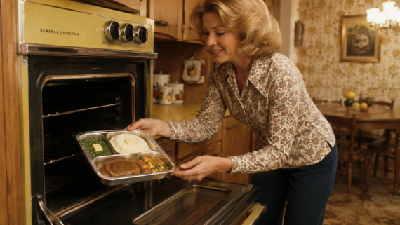 A woman places a frozen TV dinner tray with compartments of food into an open oven in a vintage-style kitchen with wood cabinets and patterned wallpaper.