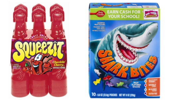 Six red Squeezit fruit drink bottles are on the left. On the right is a Shark Bites fruit snacks box featuring a cartoon shark and colorful shark-shaped gummies. Both are nostalgic 1990s lunchbox foods kids loved.