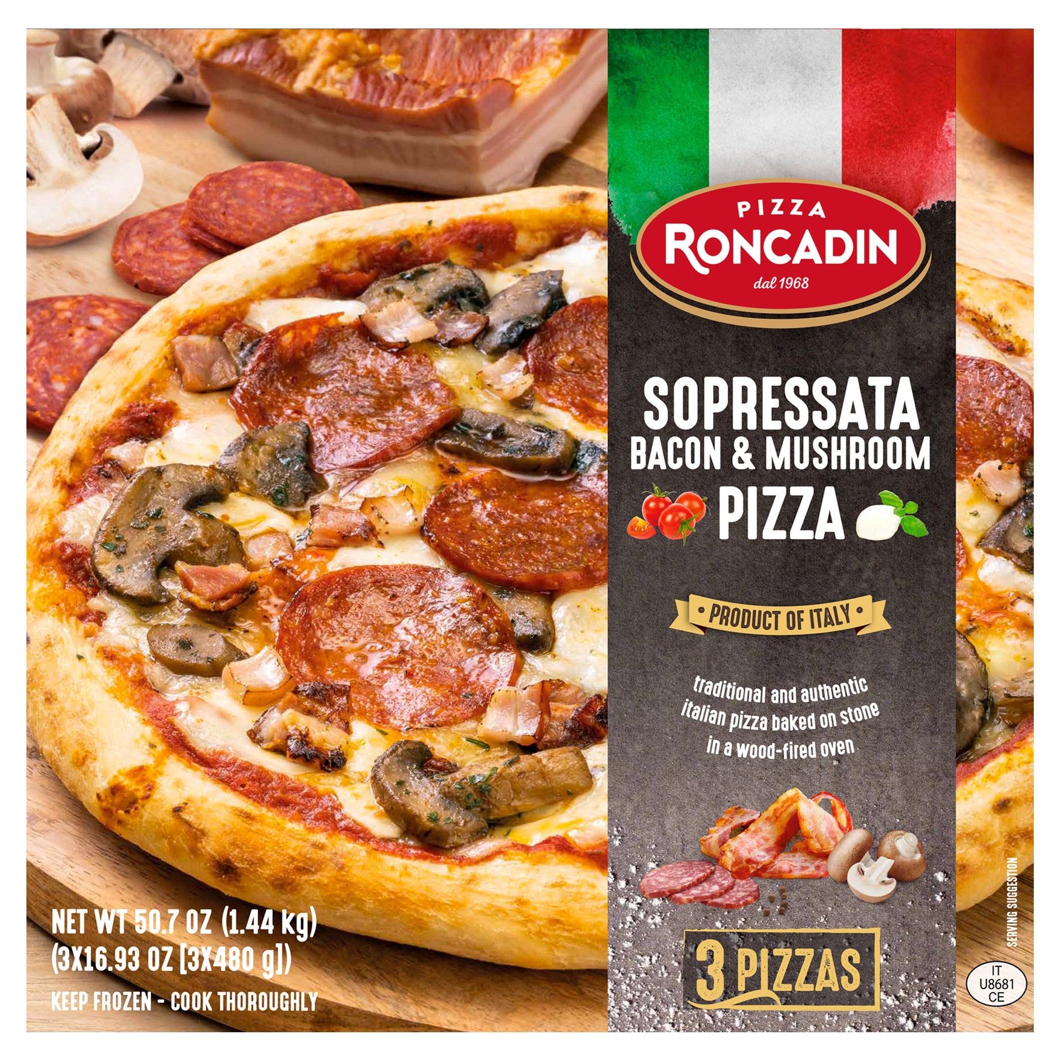 Box of Roncadin Sopressata Bacon & Mushroom Pizza, featuring an image of a baked pizza topped with pepperoni, bacon, mushrooms, and cheese. The packaging highlights it contains 3 pizzas and product details.