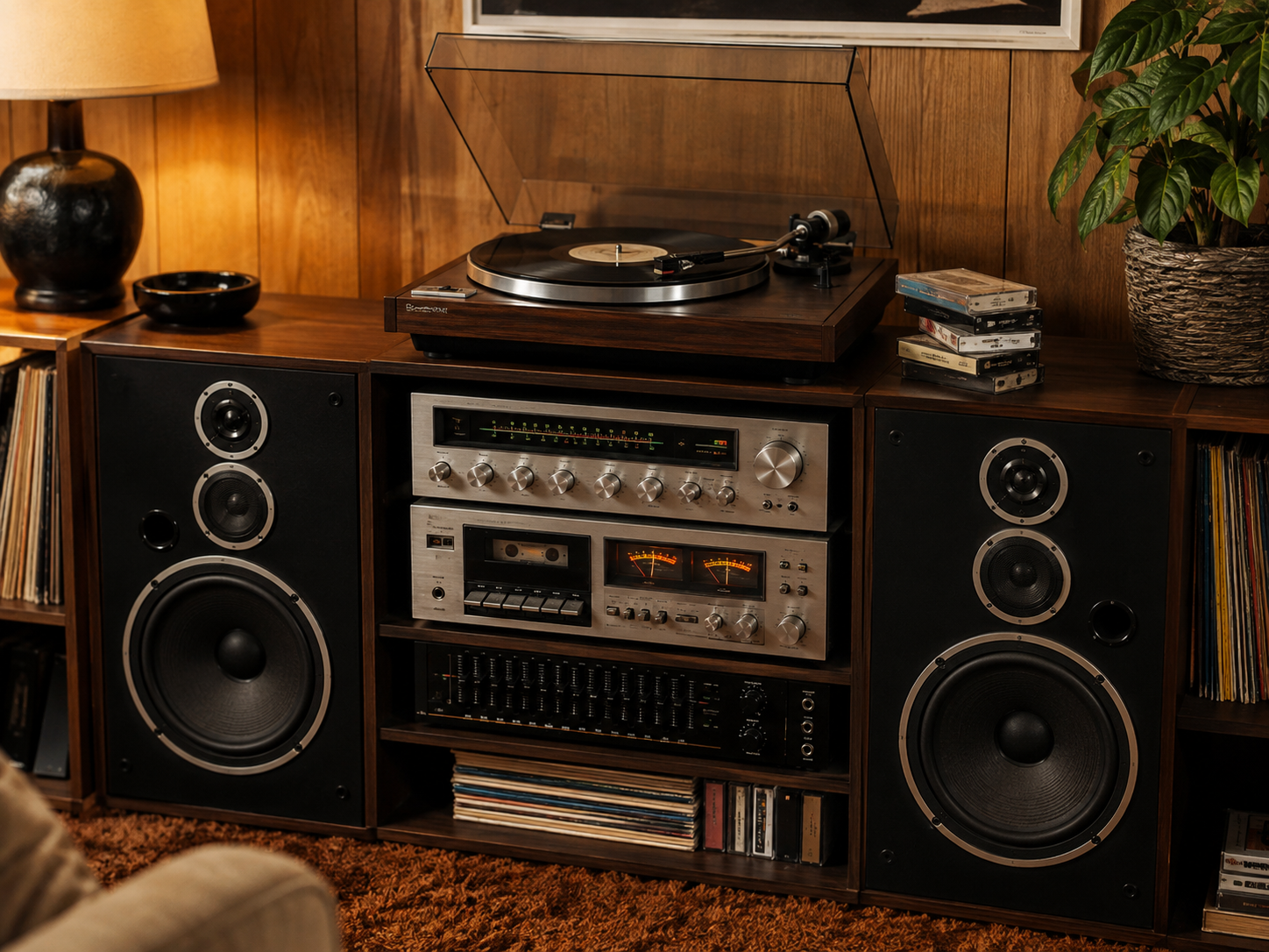 A vintage stereo system with large speakers, a record player, cassette tapes, and vinyl records sits on a wooden shelf, just like you’d find in the 80s. A lamp and a plant are nearby, creating a cozy, retro atmosphere.