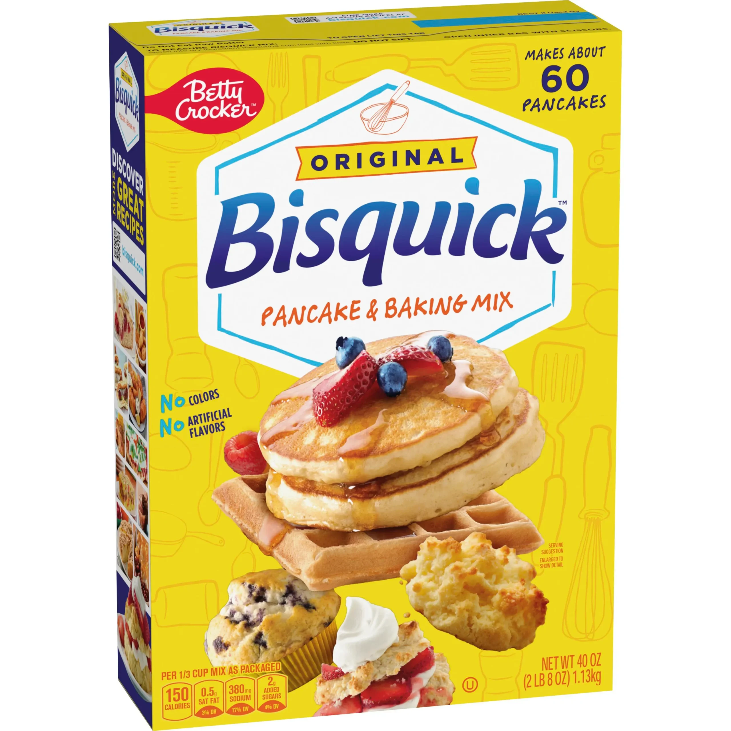 A yellow box of Bisquick Original Pancake & Baking Mix shows a stack of pancakes topped with fruit, along with images of waffles, biscuits, and muffins. The box indicates it makes about 60 pancakes. Classic grocery products.