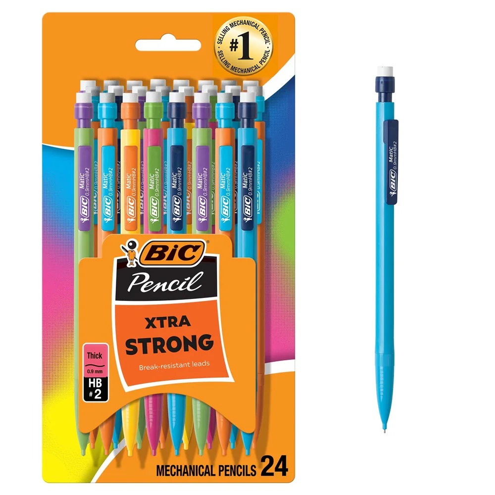 A 24-pack of BIC Xtra-Strong mechanical pencils in assorted colors, shown in packaging. Next to it is a single blue pencil with an eraser and pocket clip visible.