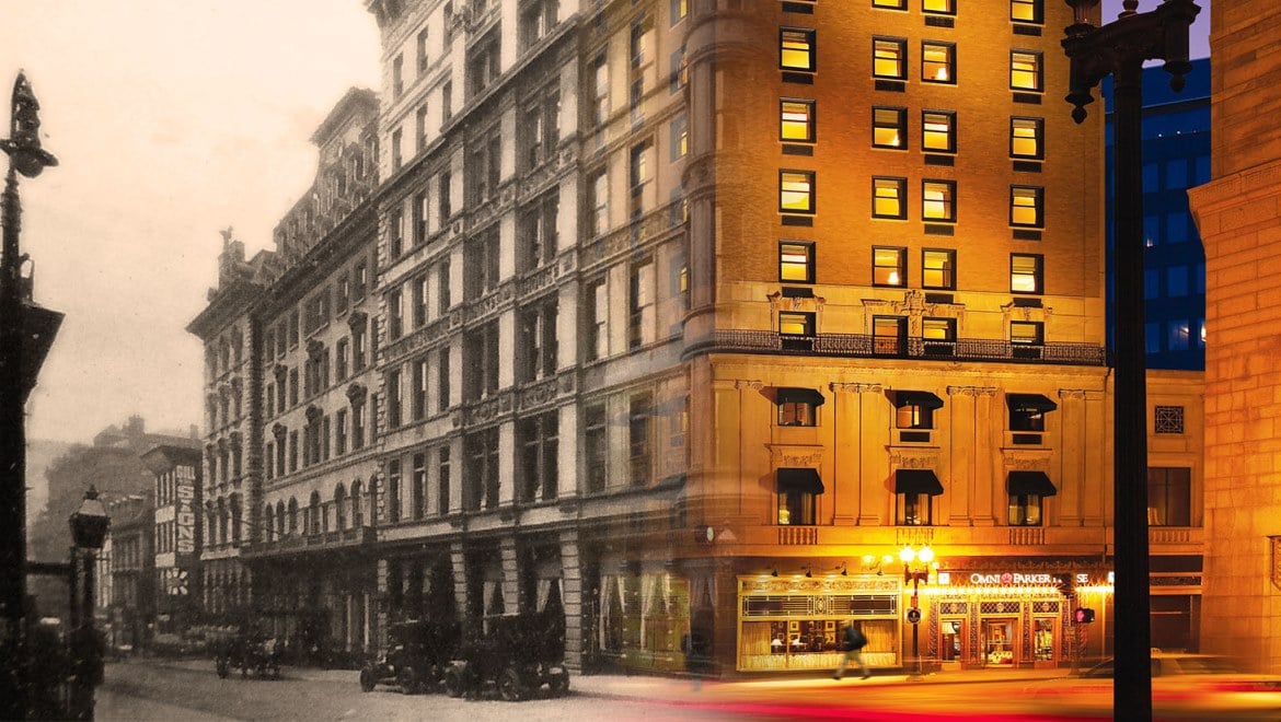 A split image of a building shows the left half in black-and-white from the past, and the right half in color at night, brightly lit, illustrating its transformation over time—highlighting how historic hotels beautifully bridge eras through architecture and ambiance.