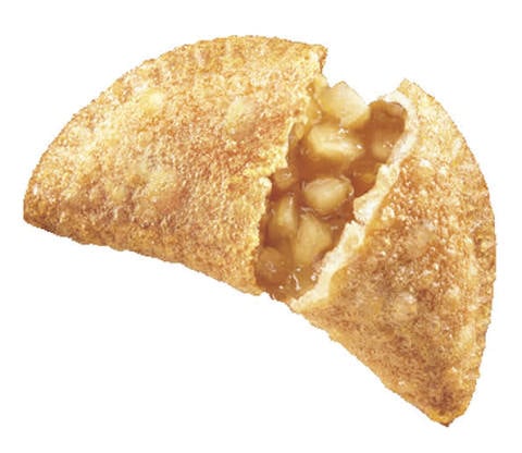 A half-moon shaped fried apple pie with a golden crust, partially broken open to reveal warm apple filling inside.