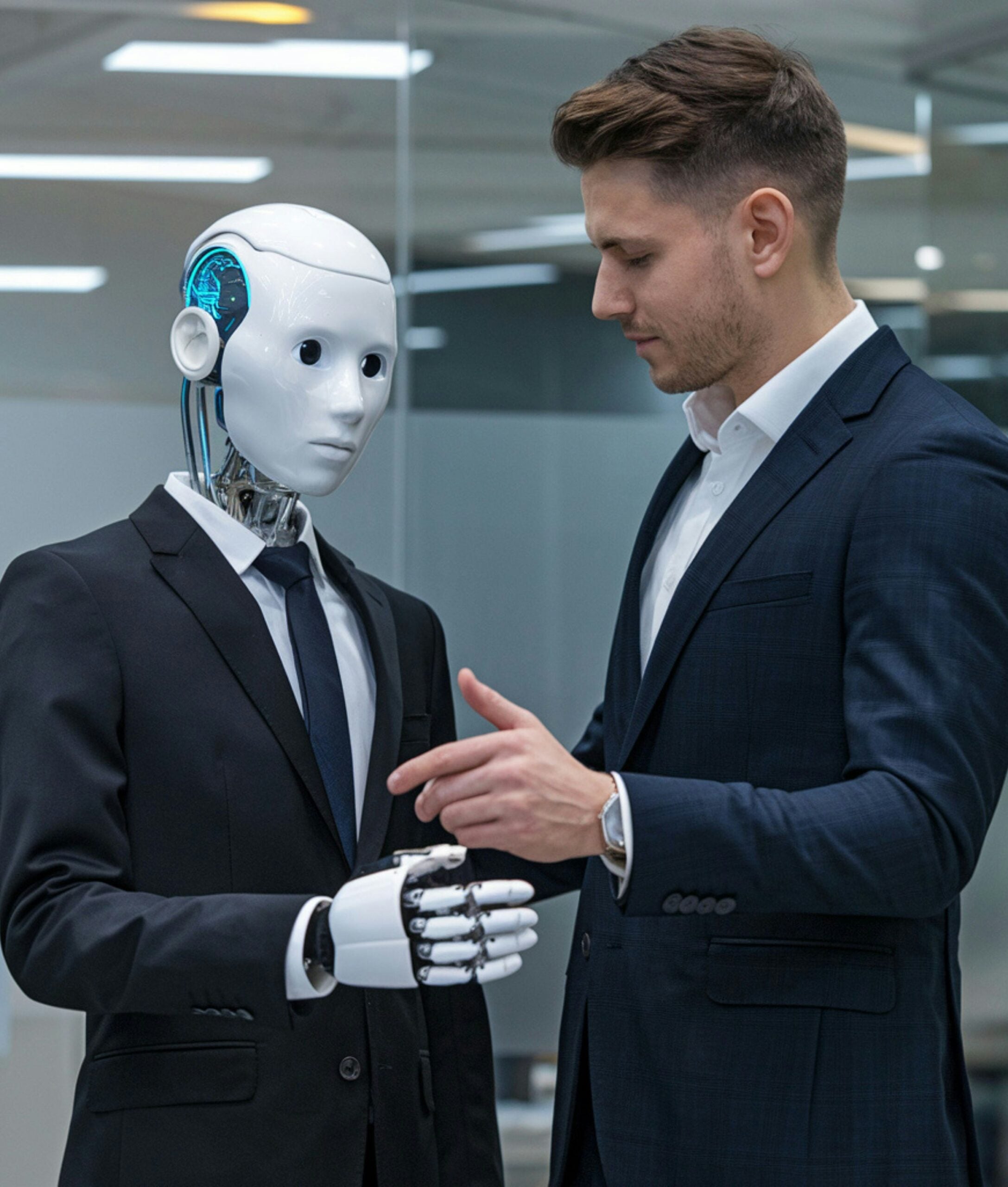 A man in a suit is interacting with a humanoid robot, also dressed in a suit, inside a modern office environment. The man is pointing at the robot’s robotic hand, highlighting just another moment of everyday life in 2026.