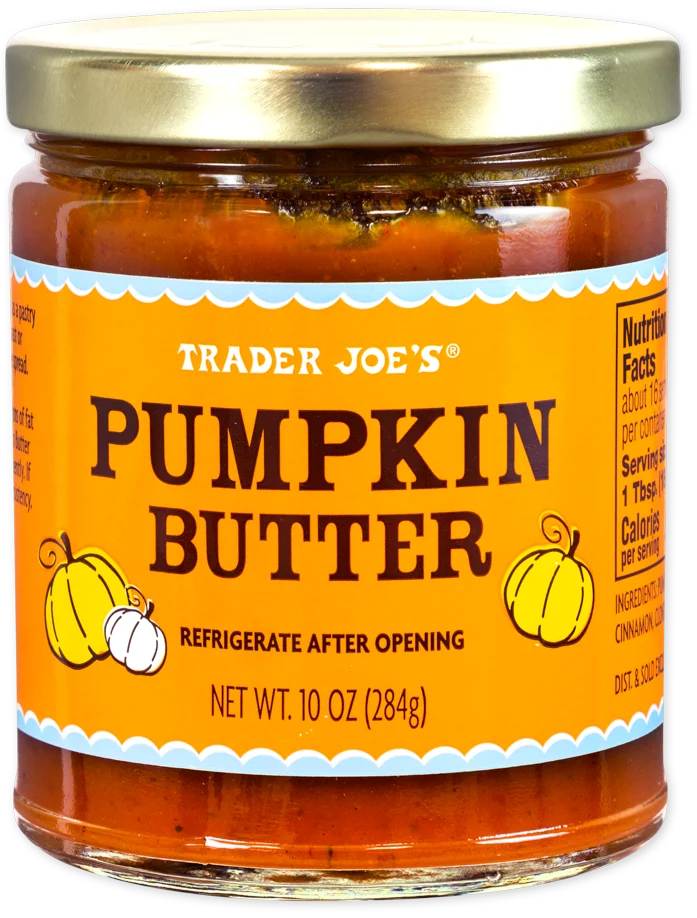 A jar of Trader Joe’s Pumpkin Butter with an orange label featuring pumpkins, bold black text, and a gold lid. The jar holds 10 oz (284g) and says “Refrigerate after opening.”