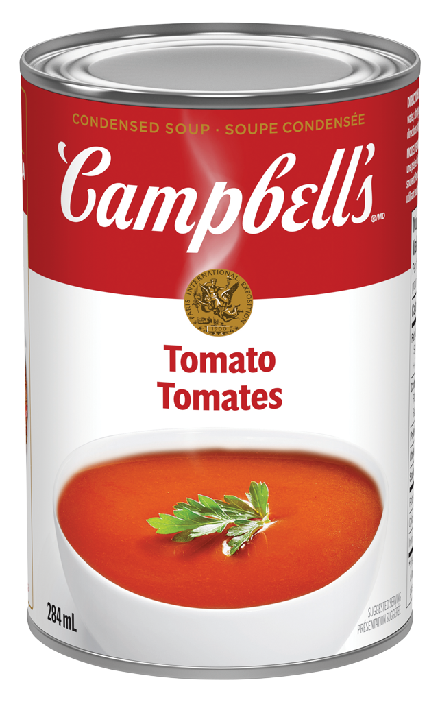 A can of Campbell’s Tomato Soup with a bowl of tomato soup and a sprig of parsley on the label. The can contains 284 mL.