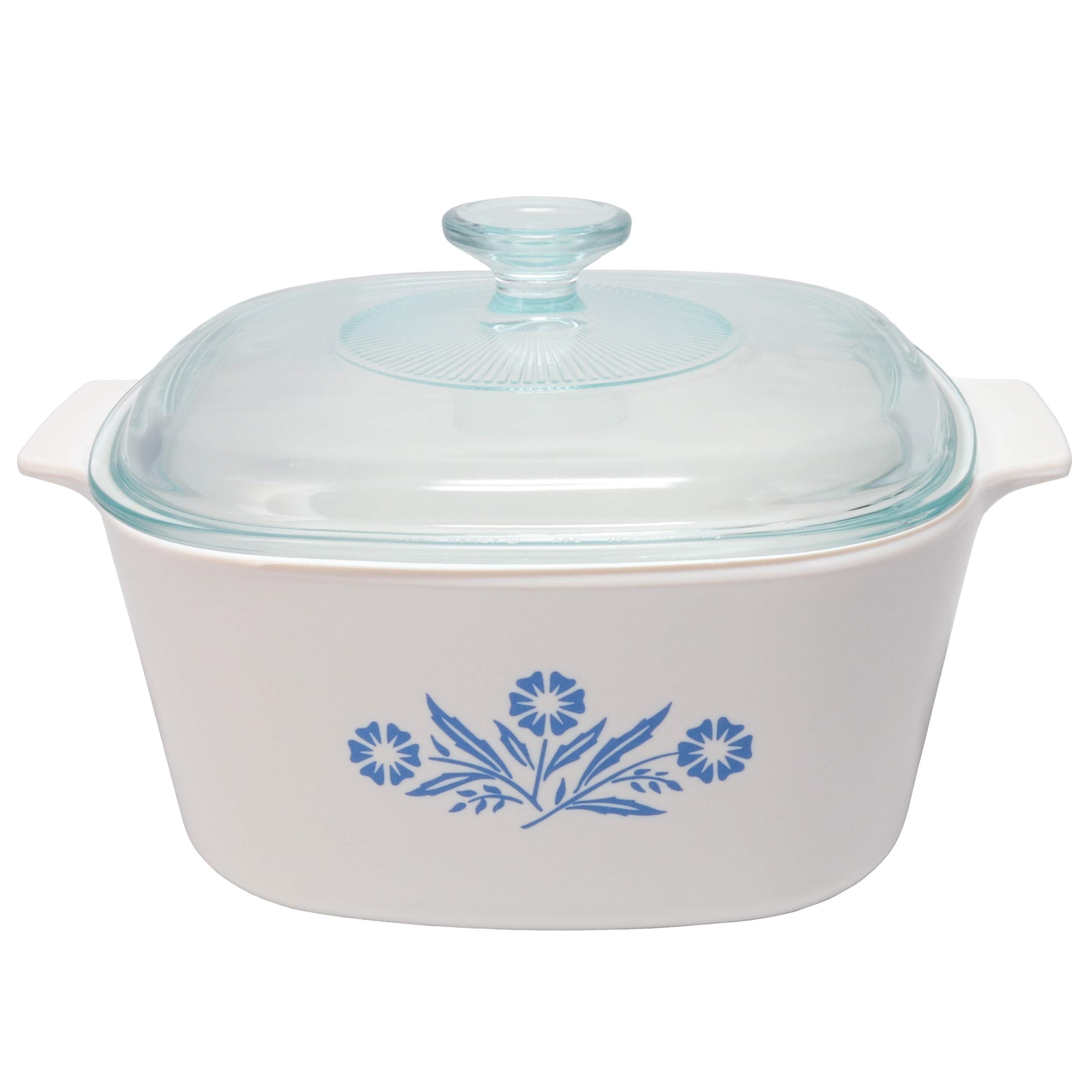 A white ceramic casserole dish with handles, a clear glass lid, and a blue floral design on the front.
