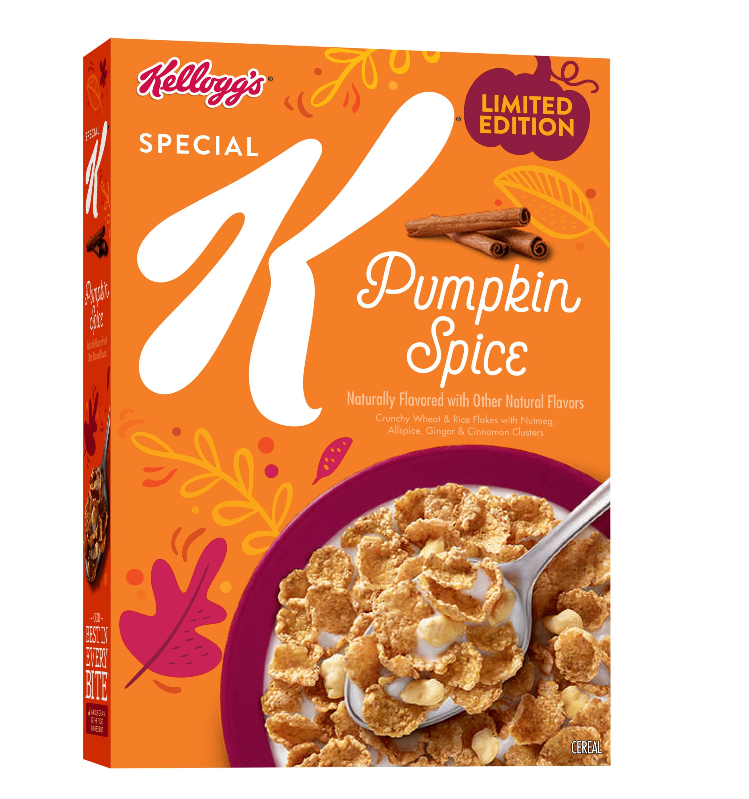 A box of Kellogg’s Special K Pumpkin Spice cereal, limited edition, featuring a bowl of cereal and cinnamon sticks on a bright orange background with autumn leaf illustrations.