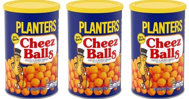 Three containers of Planters Cheez Balls with blue and yellow lids, each featuring the Mr. Peanut character and orange cheese-flavored snacks on the front.