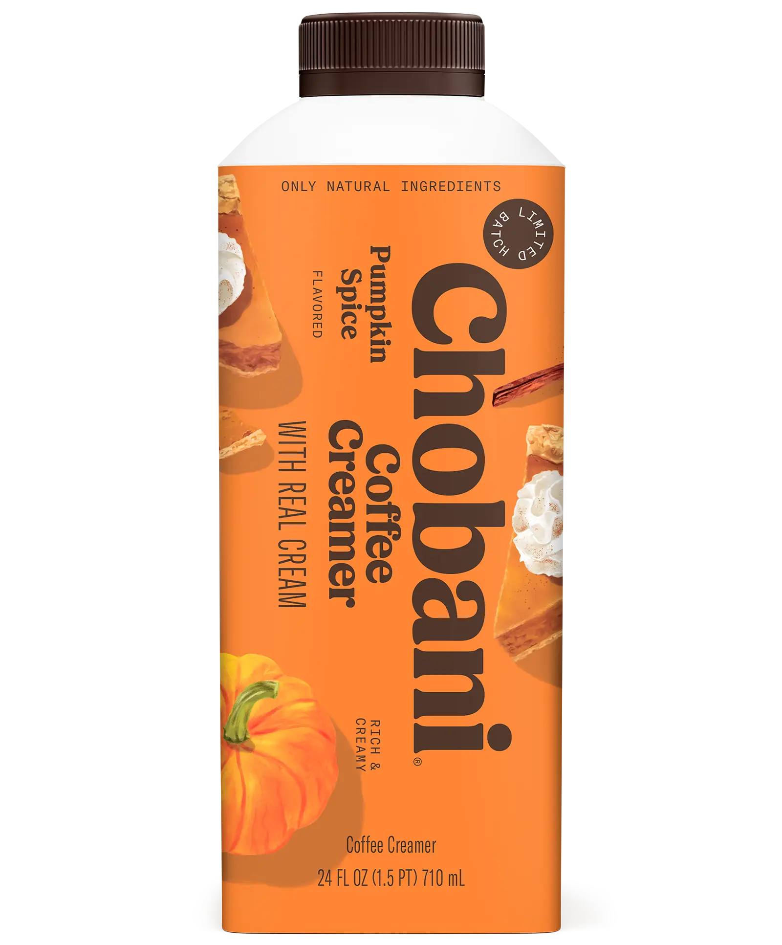 Orange bottle of Chobani Pumpkin Spice Coffee Creamer with images of pumpkin, pie, whipped cream, and a cinnamon stick on the label. The bottle has a brown cap and text highlighting “with real cream.”