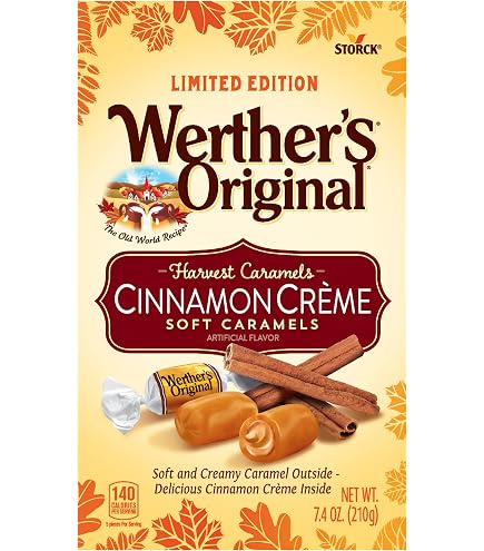 Werther’s Original Limited Edition Harvest Caramels Cinnamon Crème Soft Caramels package with caramel candies, cinnamon sticks, and autumn leaves on a yellow background.