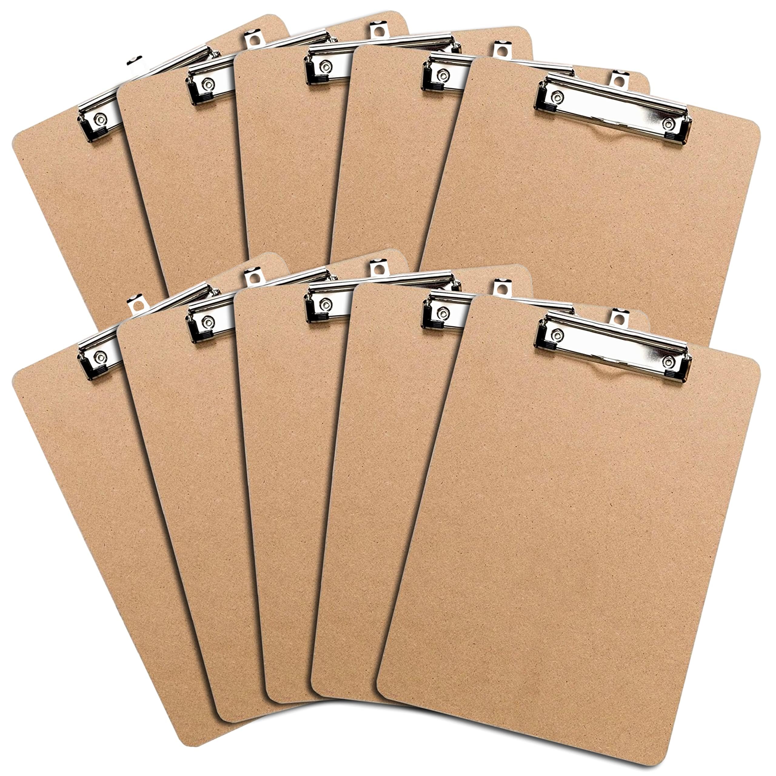 Ten brown wooden clipboards with silver metal clips are arranged in a slightly overlapping, fan-like pattern on a white background.