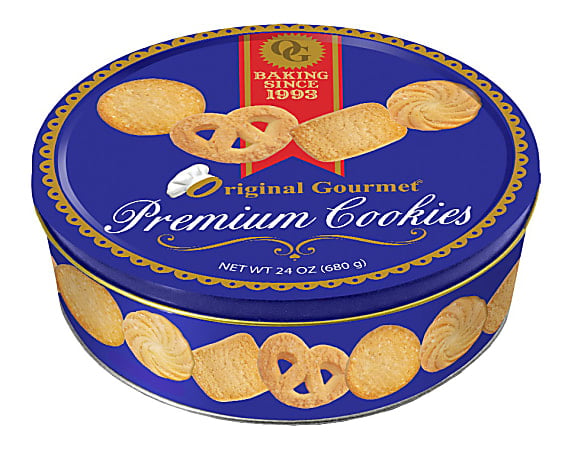 A blue tin of Original Gourmet Premium Cookies with pictures of assorted butter cookies on the lid and the sides. The tin states &ldquo;Baking Since 1993&rdquo; and &ldquo;Net WT 24 OZ (680 g).&rdquo;