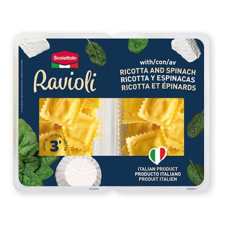 A package of Sciattolo Ravioli with ricotta and spinach, labeled in English, Spanish, and French, showing ravioli pieces, spinach leaves, and ricotta cheese illustrations.