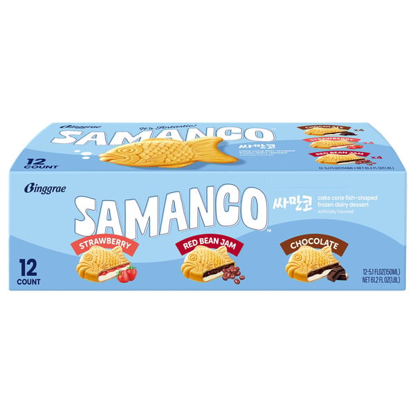 A box of Binggrae Samanco fish-shaped ice cream bars, 12 count, with strawberry, red bean jam, and chocolate flavors pictured on the front.