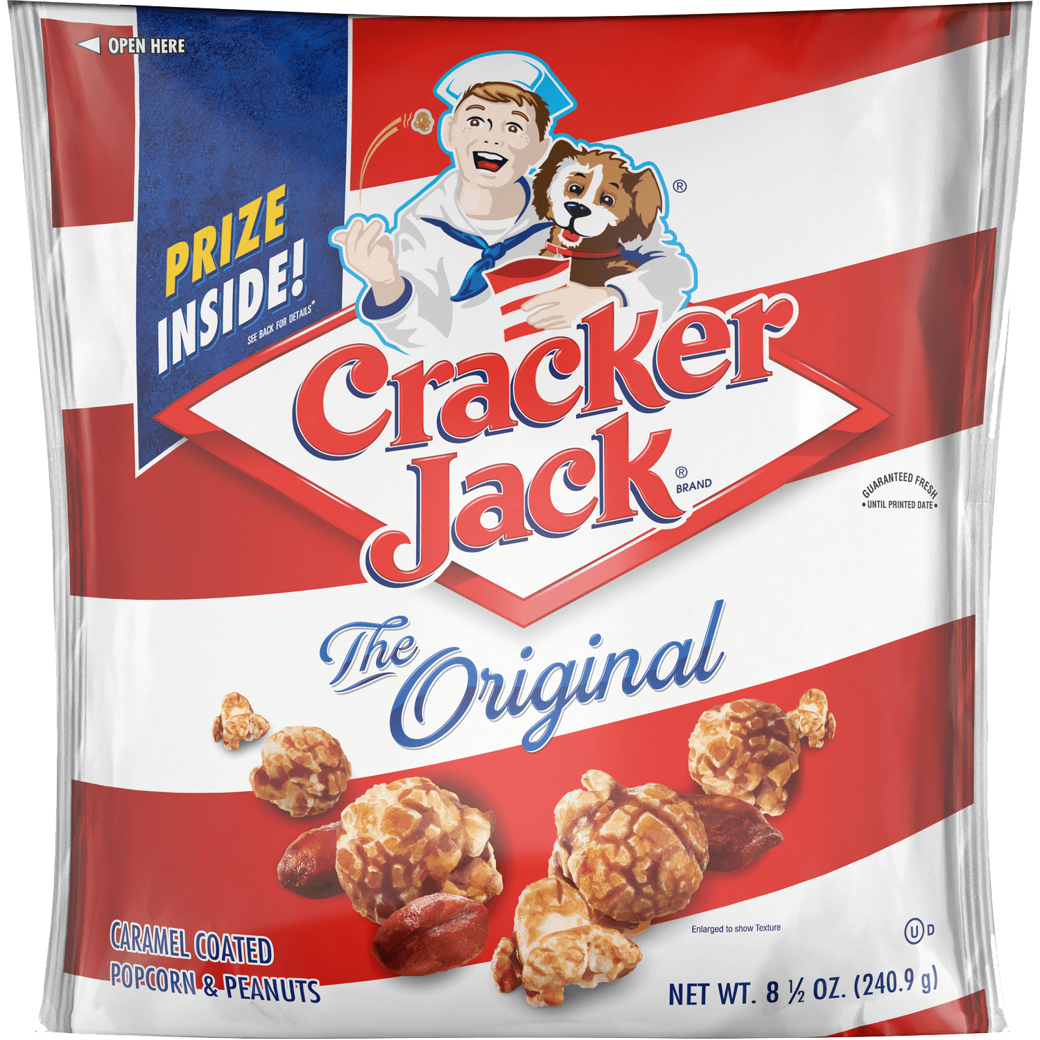 Cracker Jack bag with red and white stripes, mascot holding a box and dog, “The Original,” caramel coated popcorn and peanuts, and a “Prize Inside!” label. Nostalgic snacks for boomers.
