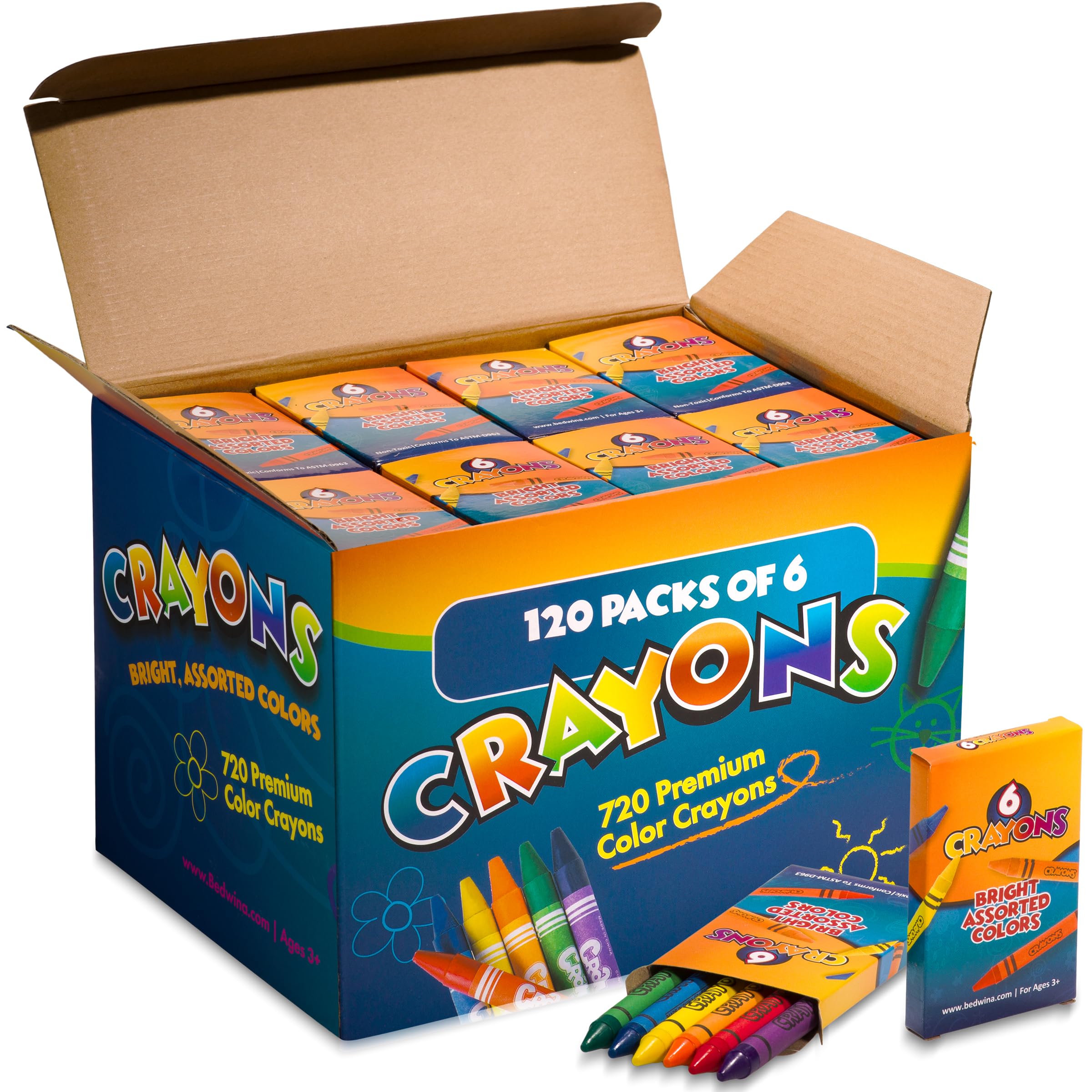An open box labeled “120 packs of 6 crayons,” showing many small crayon boxes inside. Five crayons and a single small box are displayed in front. The packaging is colorful, with “CRAYONS” in bold letters.