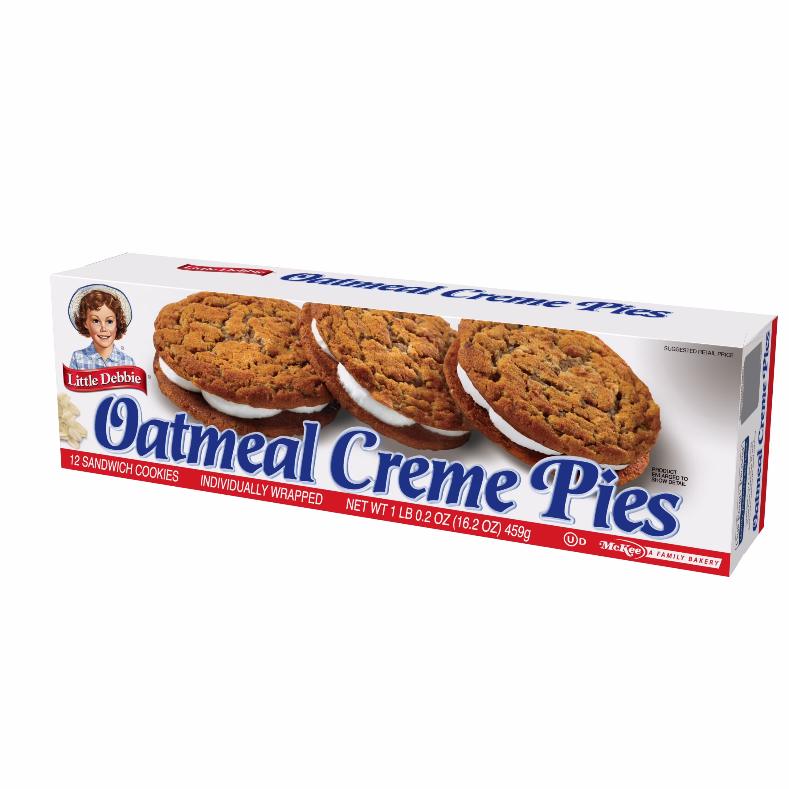 A box of Little Debbie Oatmeal Creme Pies featuring three oatmeal cookie sandwiches with white creme filling on the front. The box contains 12 individually wrapped cookies.