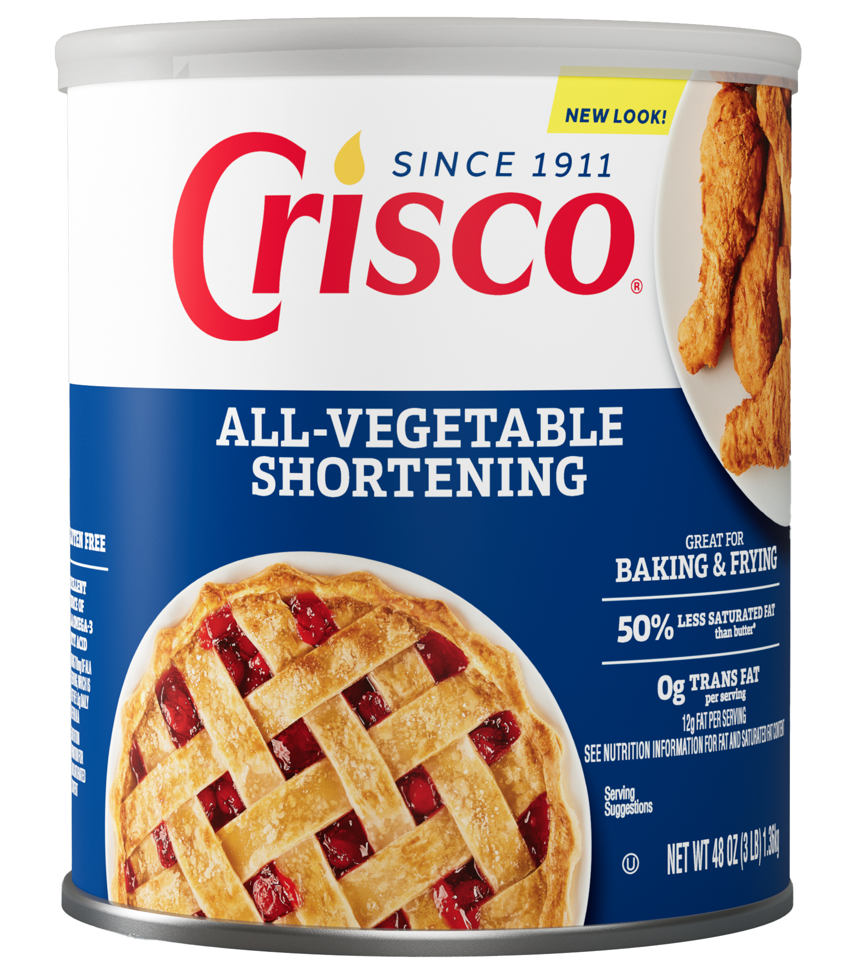 A can of Crisco all-vegetable shortening, featuring a cherry pie and fried chicken on the label. The can highlights its use for baking and frying, and notes 50% less saturated fat than butter.