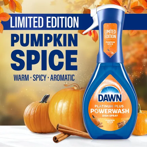 A bottle of Dawn Powerwash Pumpkin Spice dish spray is in front of pumpkins, cinnamon sticks, and autumn leaves. Text reads “Limited Edition Pumpkin Spice. Warm. Spicy. Aromatic.”
