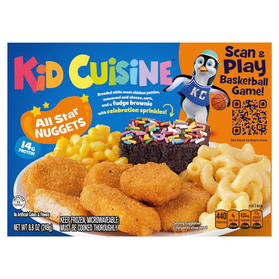 Kid Cuisine All Star Nuggets box featuring chicken nuggets, macaroni and cheese, corn, a fudge brownie with sprinkles, and a cartoon penguin holding a basketball. Includes a QR code for a basketball game.