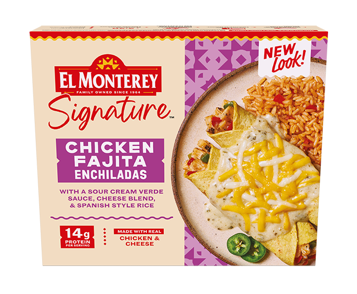 Box of El Monterey Signature Chicken Fajita Enchiladas with cheese, rice, and jalapeños on the cover. The box highlights 14g protein per serving and a new look.