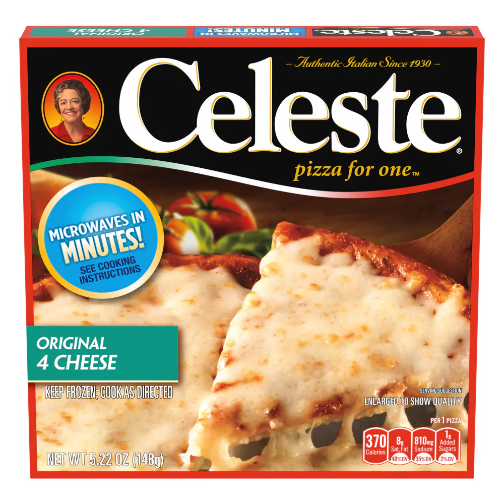 Celeste Pizza for One, Original 4 Cheese flavor frozen pizza box, showing an image of a cheesy pizza slice and cooking instructions with nutrition info on the bottom right corner.