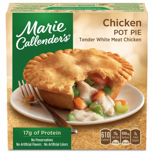 Marie Callender’s Chicken Pot Pie box showing a pot pie filled with chicken, carrots, peas, and sauce. Nutrition info, protein content, and product features are listed on the packaging. A fork is next to the pie.