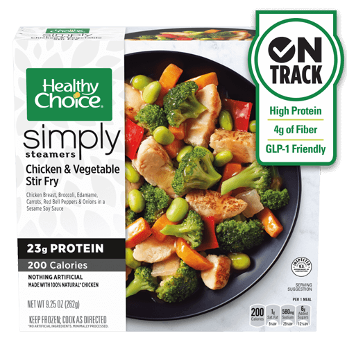 A box of Healthy Choice Simply Steamers Chicken & Vegetable Stir Fry, showing the meal with chicken, broccoli, carrots, and edamame. Nutrition highlights: 23g protein, 200 calories, 4g fiber, high protein, GLP-1 friendly.