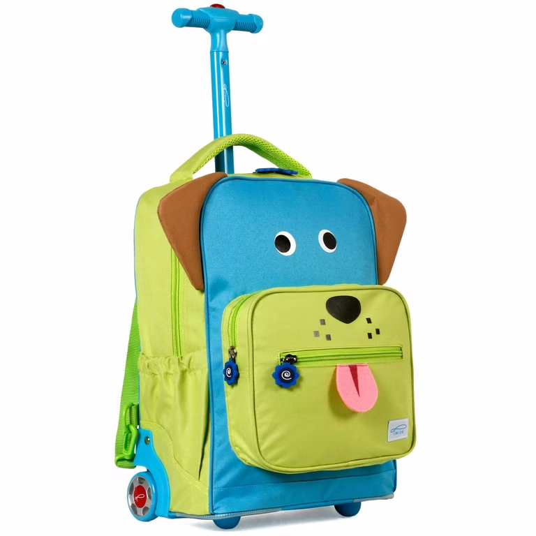 Children’s rolling suitcase designed to look like a cute dog, with blue and green colors, brown ears, and a front pocket resembling a dog’s face with eyes, nose, and tongue.