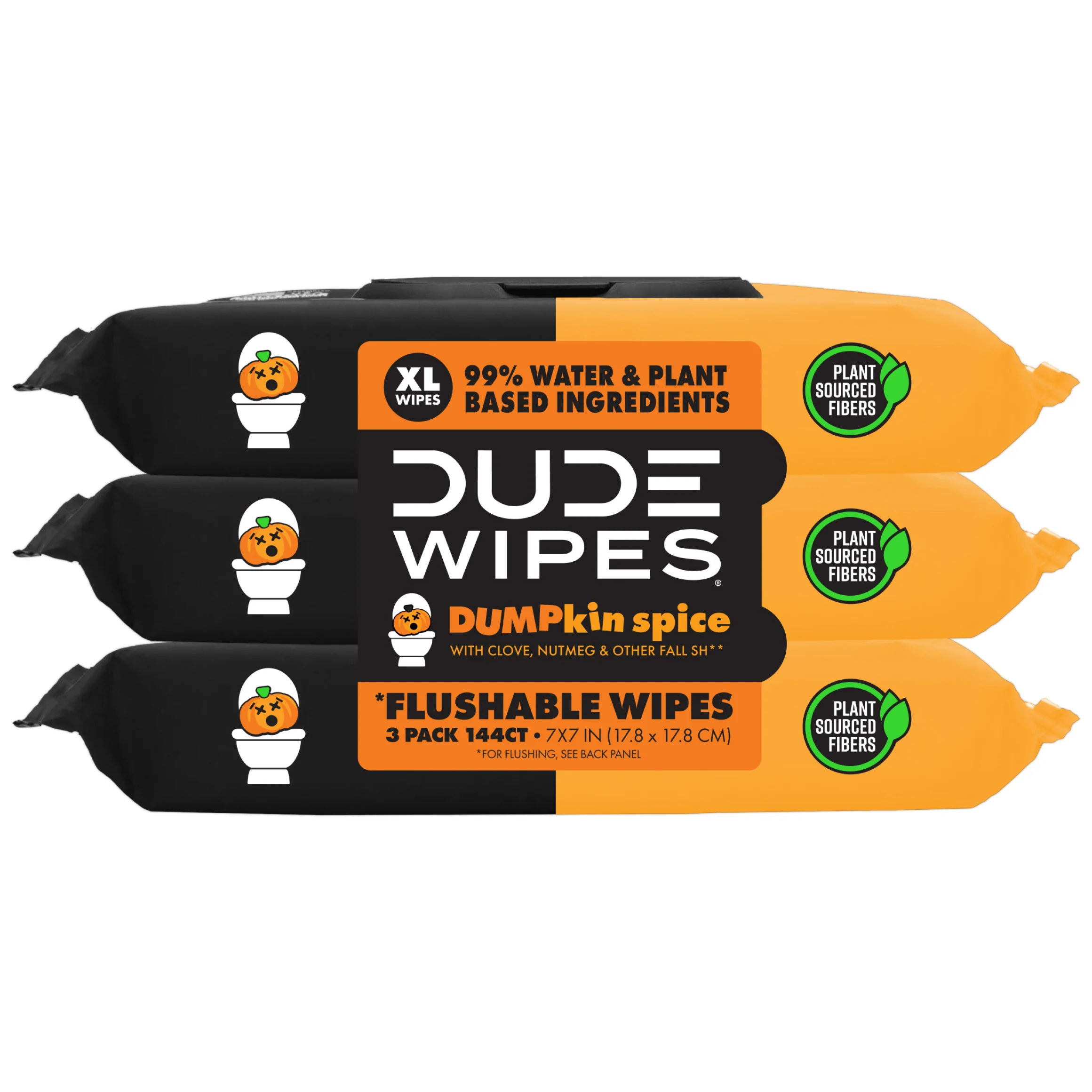 Three packs of Dude Wipes flushable wipes in pumpkin spice scent, stacked horizontally. Packaging is black and orange with cartoon pumpkin on a toilet and green “Plant Sourced Fibers” leaf icons.