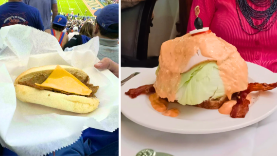 Left: A sandwich with a burger patty and cheese on a bun, held at a sports stadium&mdash;one of those truly ridiculous food photos that captures the spirit of game day. Right: A wedge salad with iceberg lettuce, bacon, and dressing on a plate, in front of a person wearing pink.