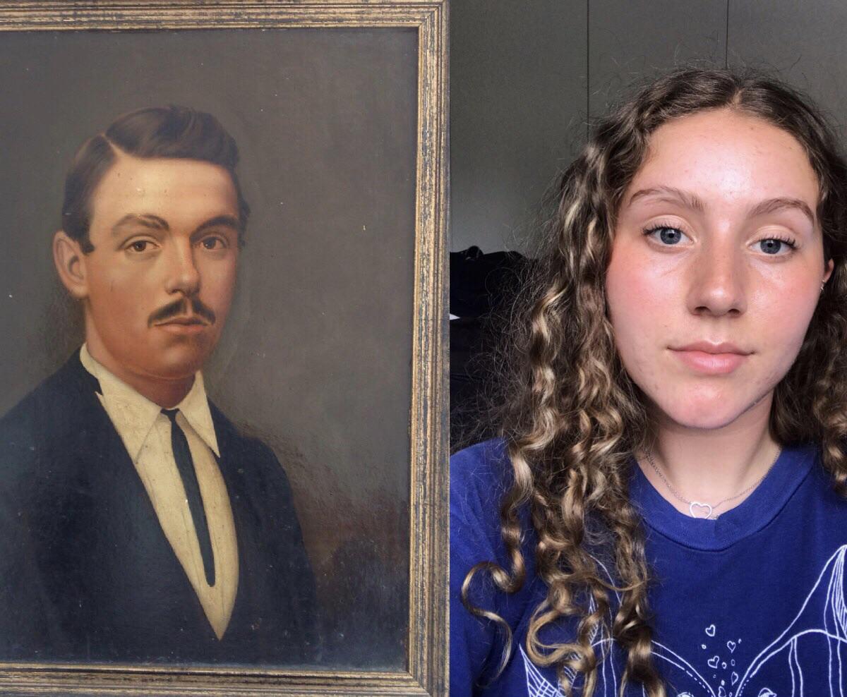 A side-by-side image shows an old painted portrait of a man in a suit and a young woman with curly hair wearing a blue shirt, both facing forward.