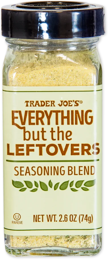 A glass jar of Trader Joe’s Everything but the Leftovers seasoning blend with a black lid and pale yellow label. Net weight is 2.6 oz (74g).