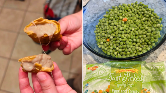 Left: Hands break open an appetizer revealing a grayish filling&mdash;a classic example of food fails. Right: A bowl filled with frozen green peas and diced carrots, with a plastic bag labeled &ldquo;Just Picked Peas and Carrots&rdquo; in the foreground.